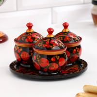 Набор для специй на подставке «Земляничка», 15×15×6 см, дерево, хохлома