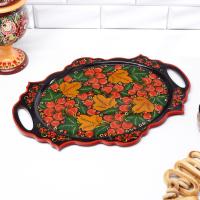 Поднос деревянный с ручками «Хохлома», овал, ручная роспись, 41×25 см