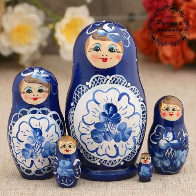 Матрёшка "Гжель", синее платье, 5 кукольная, 9,5-11 см 