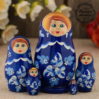 Матрёшка "Гжель", синее платье, 5 кукольная, 10 см