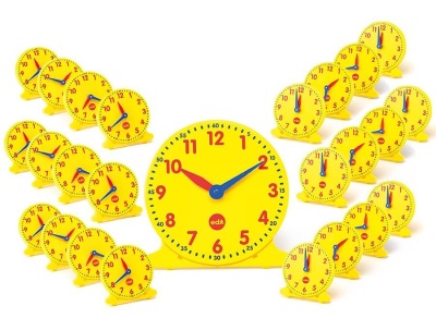 Изучаем время. Набор для группы ( 1 большие часы диаметр 30 см, и 24 малых диаметр 11 см)