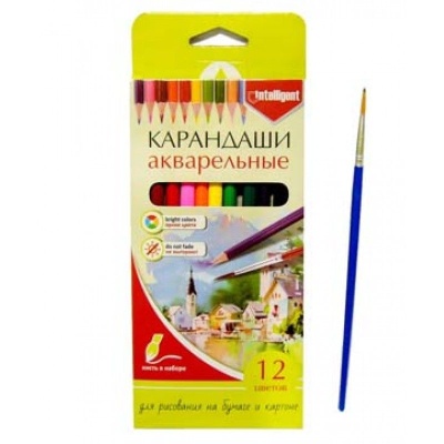 Intelligent. Карандаши 12 цв. акварельные, трехгранные, с кисточкой арт.BM-736